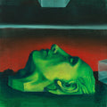 Surreal oil painting of a green classical sculpture head lying on its side, set against a dark interior with a red background and teal geometric forms.
