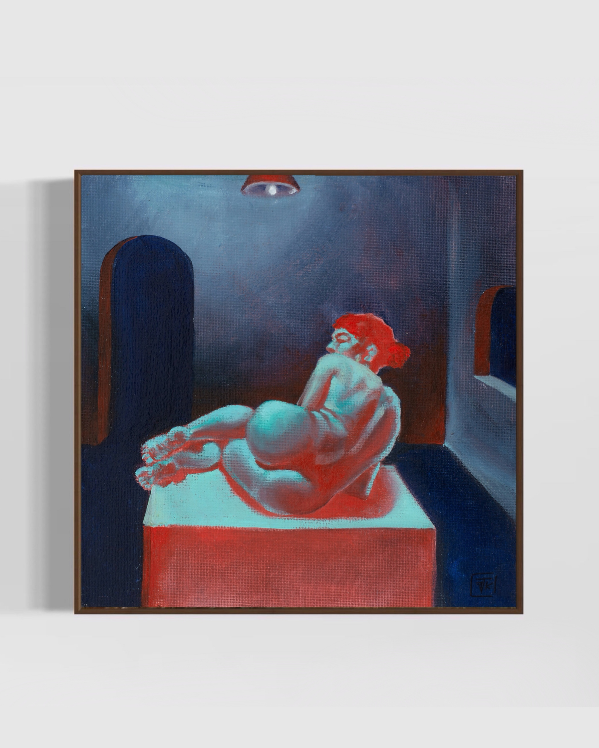 Fine art print of Blou Boude, showing a reclining figure in vivid turquoise, red, and deep blue tones within a moody interior scene.