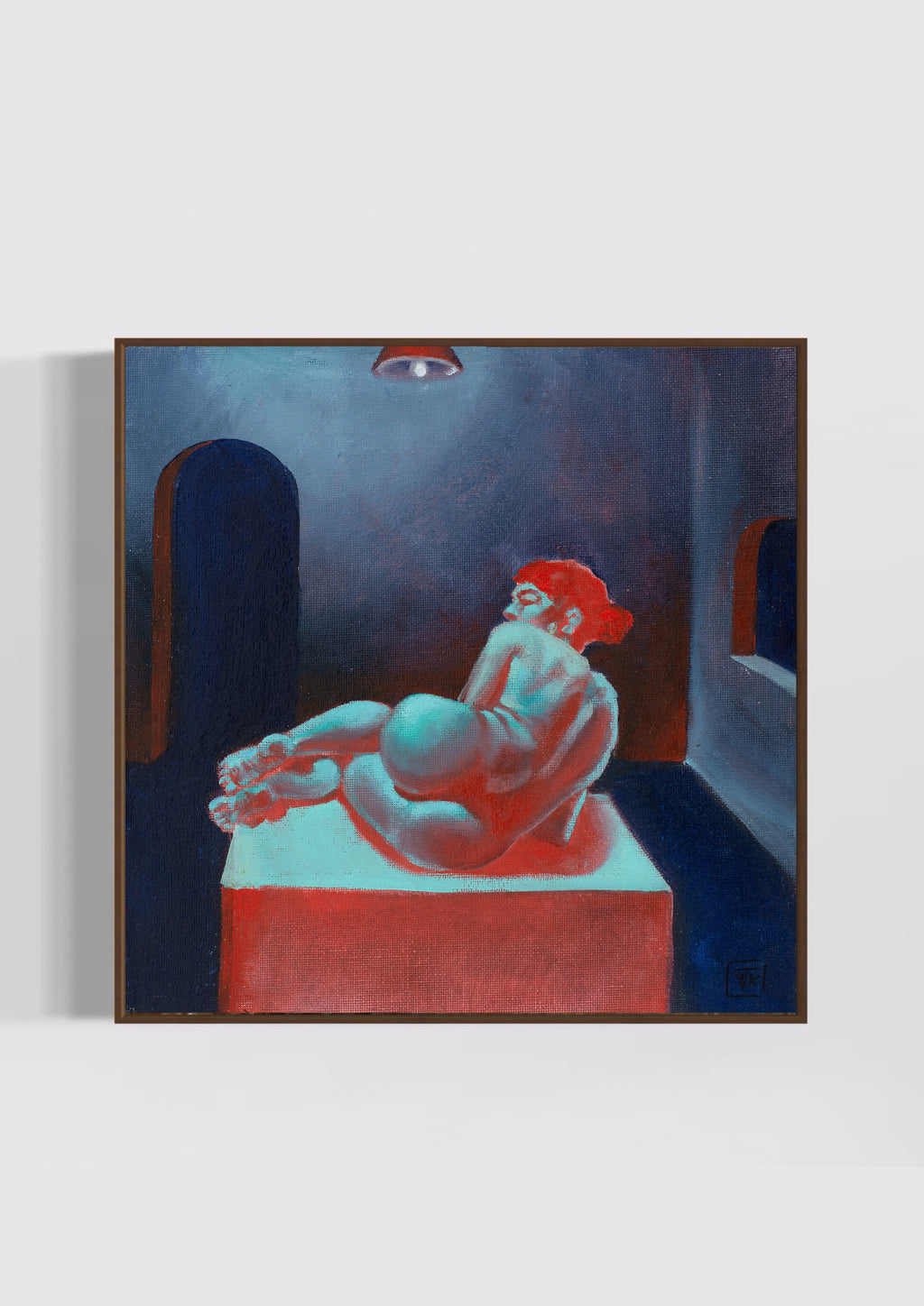 Fine art print of Blou Boude, showing a reclining figure in vivid turquoise, red, and deep blue tones within a moody interior scene.