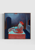 Fine art print of Blou Boude, showing a reclining figure in vivid turquoise, red, and deep blue tones within a moody interior scene.