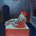 Fine art print of Blou Boude, showing a reclining figure in vivid turquoise, red, and deep blue tones within a moody interior scene.