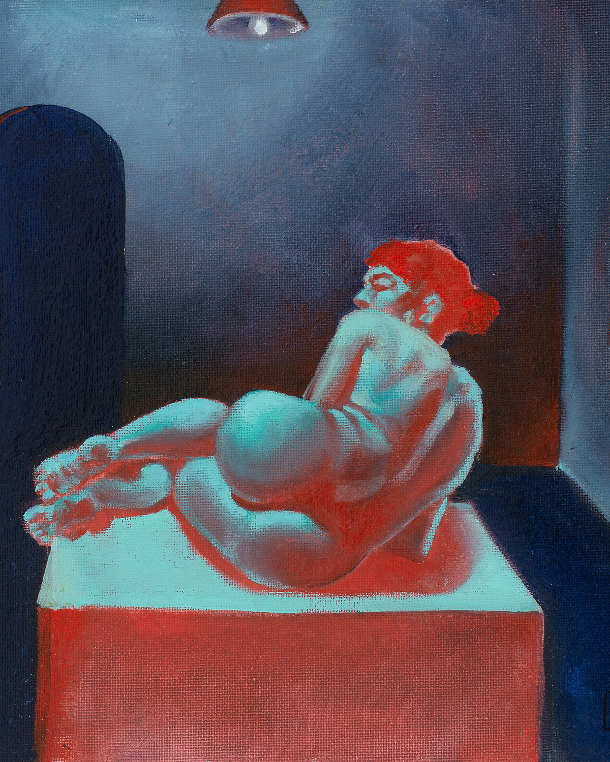 Fine art print of Blou Boude, showing a reclining figure in vivid turquoise, red, and deep blue tones within a moody interior scene.