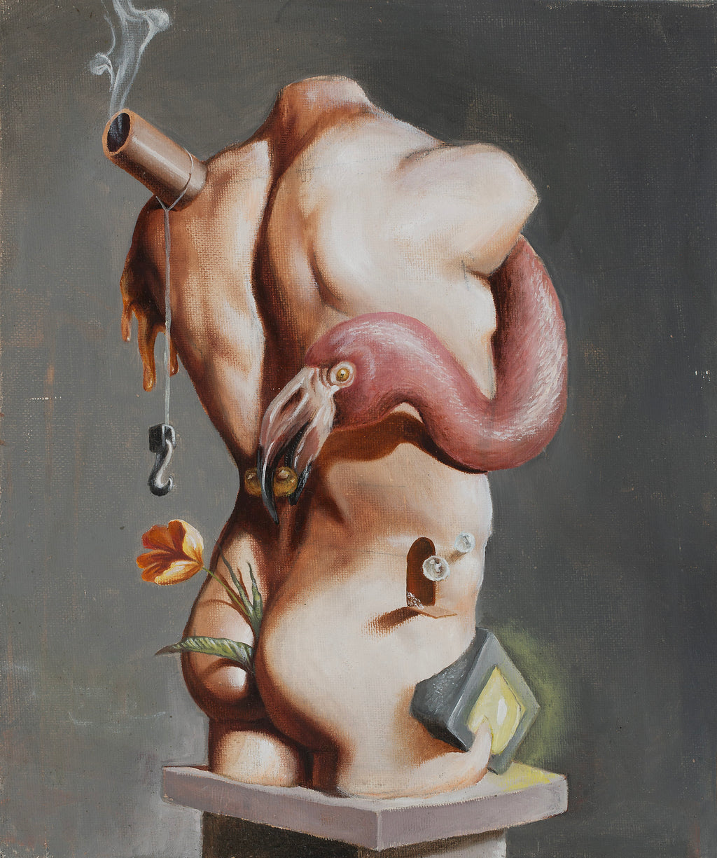 Surreal oil painting of a distorted torso with a flamingo-like neck, hanging hook, flower, and symbolic objects on a dark grey background.