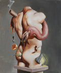 Surreal oil painting of a distorted torso with a flamingo-like neck, hanging hook, flower, and symbolic objects on a dark grey background.