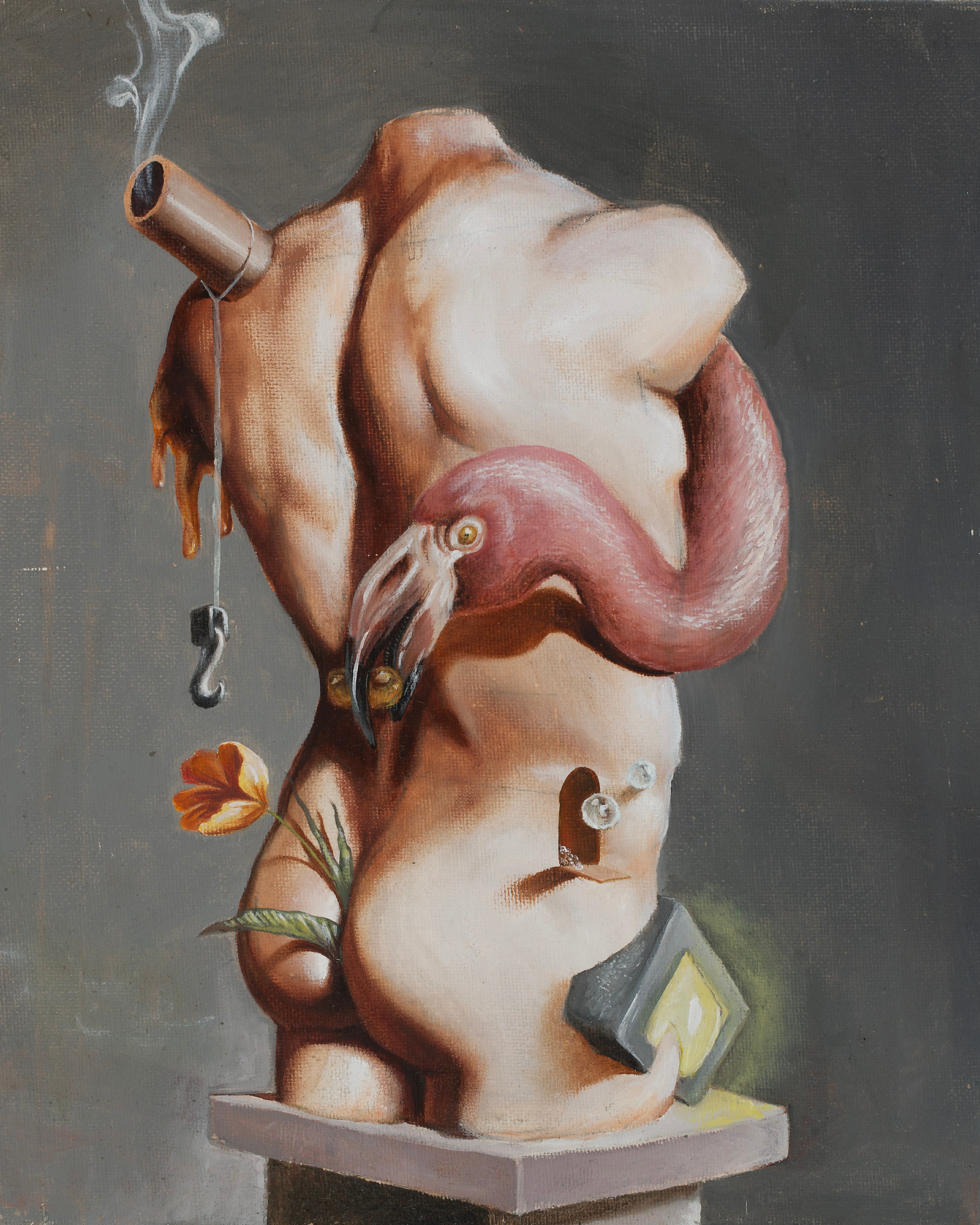 Surreal oil painting of a distorted torso with a flamingo-like neck, hanging hook, flower, and symbolic objects on a dark grey background.