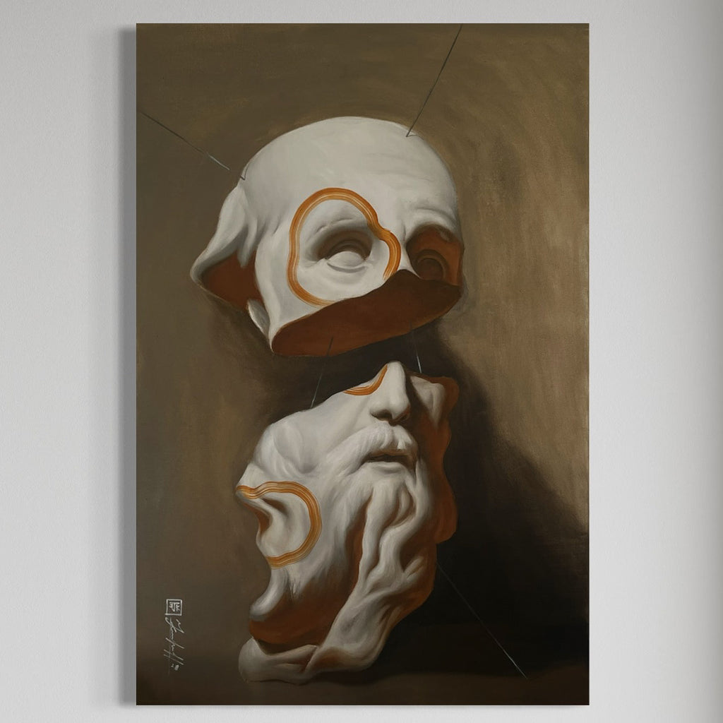 Fine art print of Deconstructed History, a contemporary artwork showing a fragmented classical bust with white sculptural forms, ochre outlines, and a textured brown background.