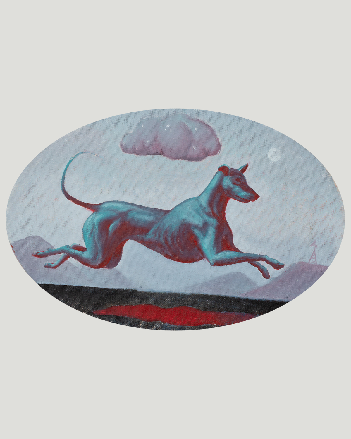 An oval surreal painting featuring a blue-gray dog running across a dark landscape beneath a pink cloud and pale moon, centered on a light gray background.