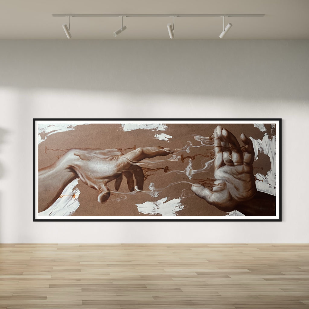 Large horizontal oil painting on wood showing two realistic hands reaching toward each other with wisps of smoke on a brown abstract background.