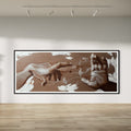 Large horizontal oil painting on wood showing two realistic hands reaching toward each other with wisps of smoke on a brown abstract background.
