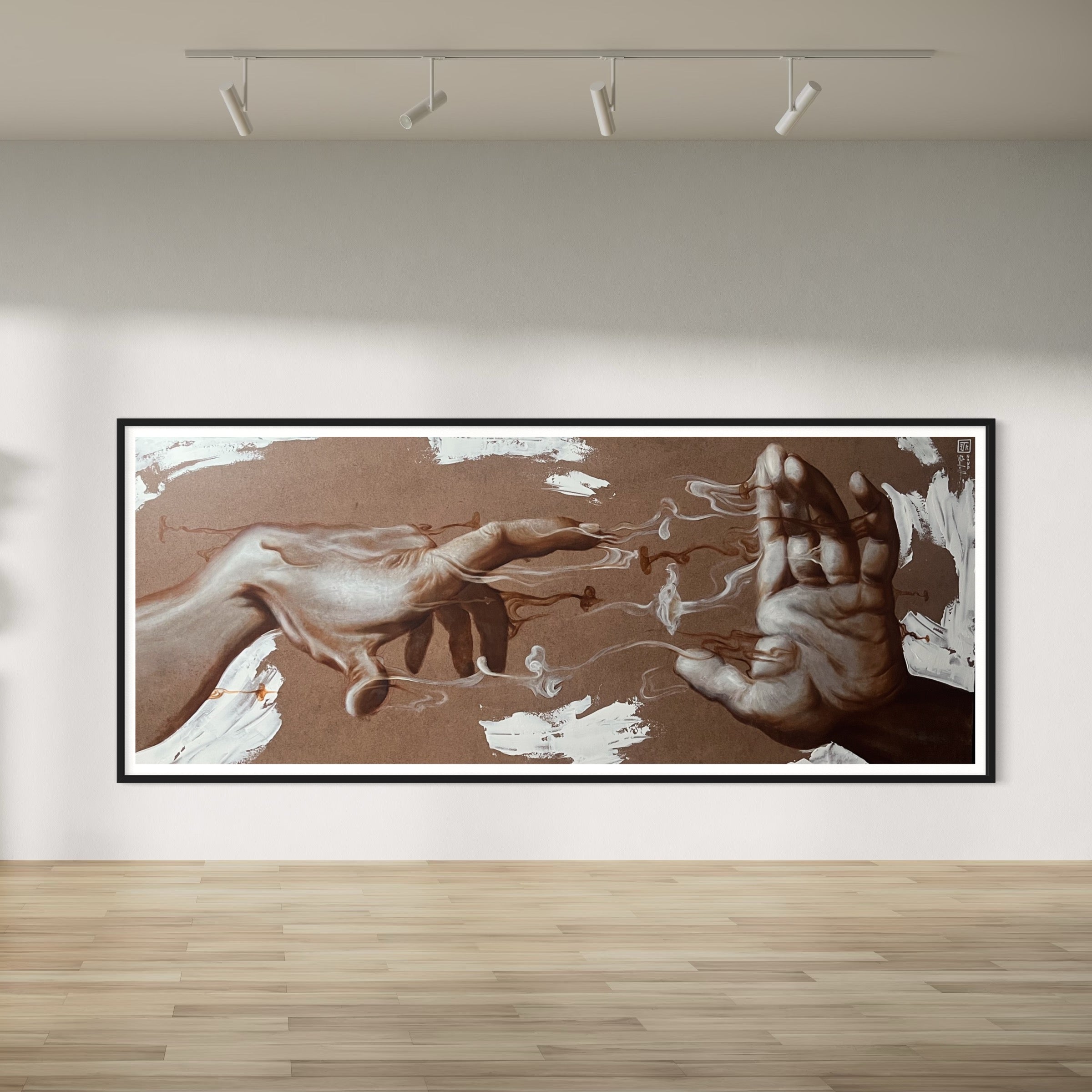 Large horizontal oil painting on wood showing two realistic hands reaching toward each other with wisps of smoke on a brown abstract background.