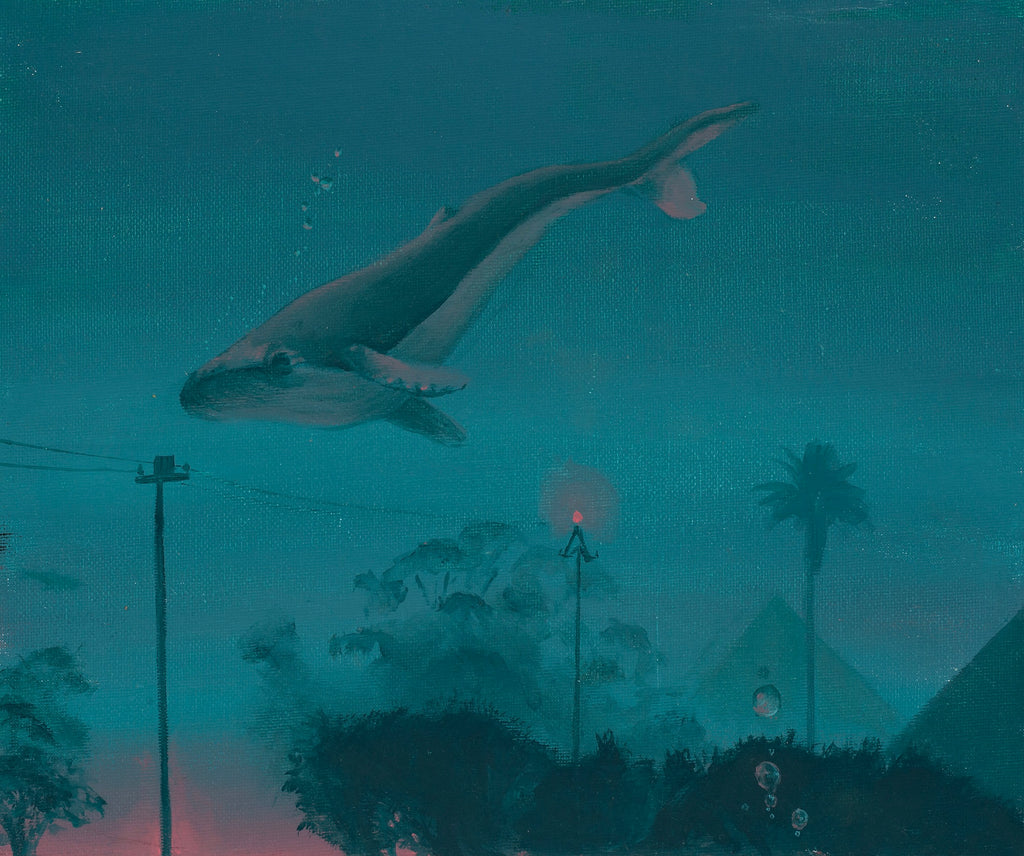 Surreal oil painting of a whale floating above a submerged suburban landscape with streetlights, trees, and deep teal-blue tones.