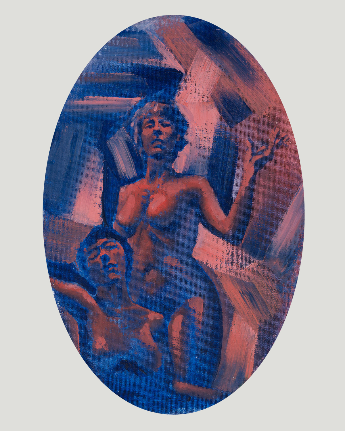 Figurative oil painting in an oval composition with two nude figures, using deep blue, red, and pink tones against an abstract background.