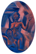 Figurative oil painting in an oval composition with two nude figures, using deep blue, red, and pink tones against an abstract background.