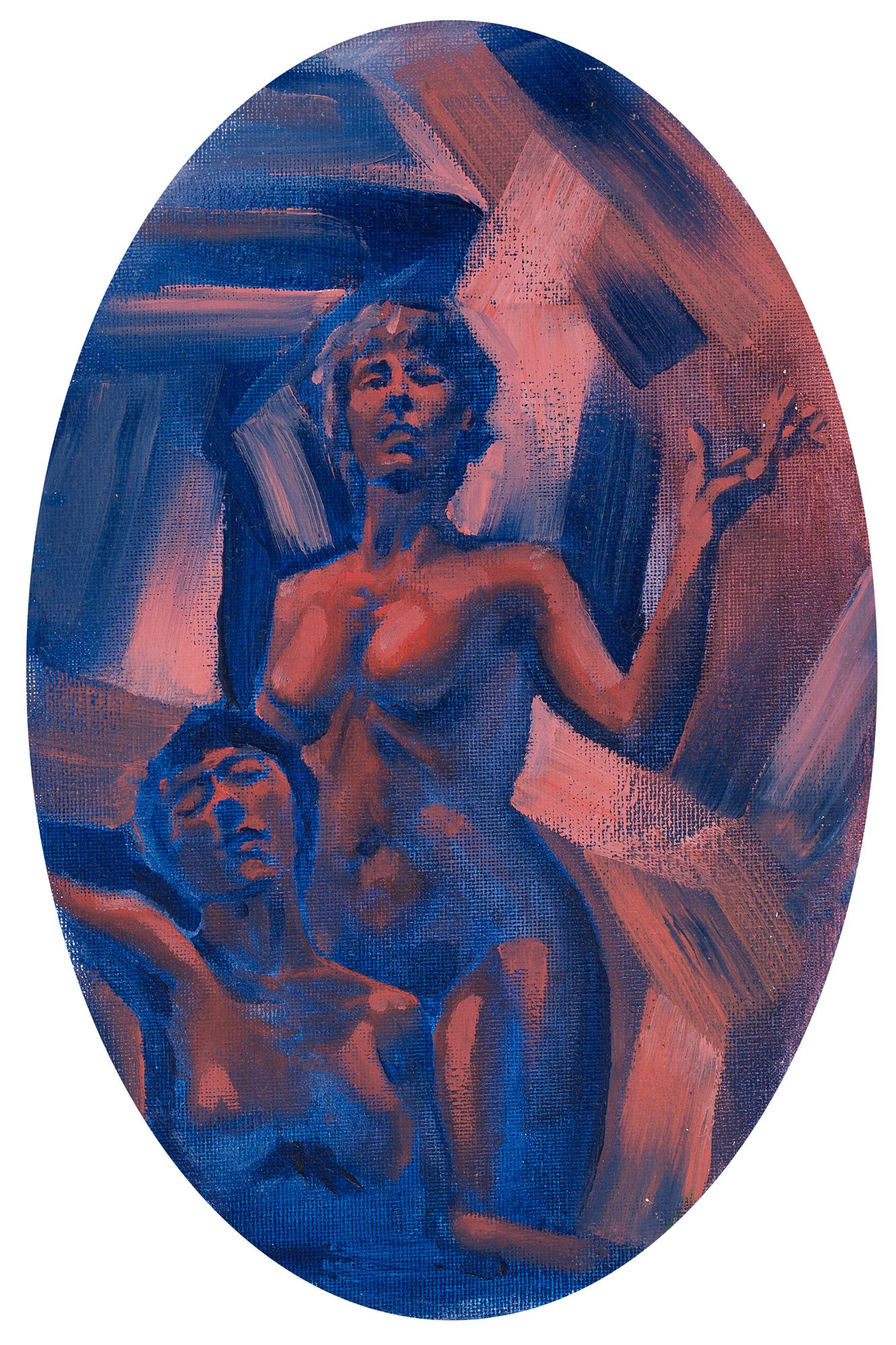 Figurative oil painting in an oval composition with two nude figures, using deep blue, red, and pink tones against an abstract background.