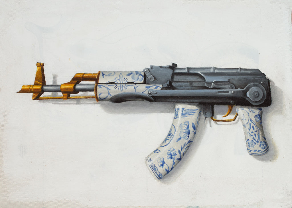 Oil painting of a rifle with blue-and-white porcelain floral patterns, gold accents, and dark metallic details on a pale background.