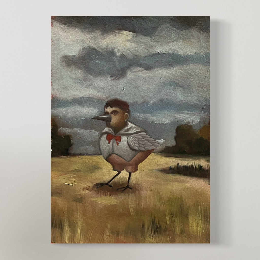Oil painting of a small bird with a human-like face and red bow tie standing in a field under a cloudy sky.