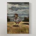 Oil painting of a small bird with a human-like face and red bow tie standing in a field under a cloudy sky.