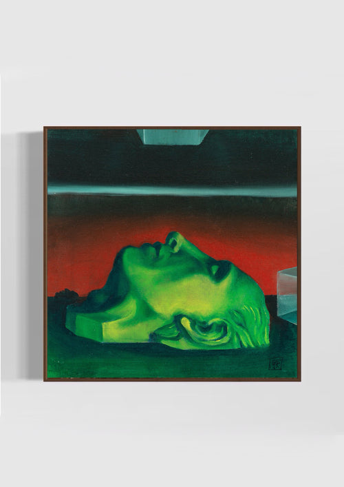 Surreal artwork of a green classical head lying on its side against a red background and teal geometric forms.