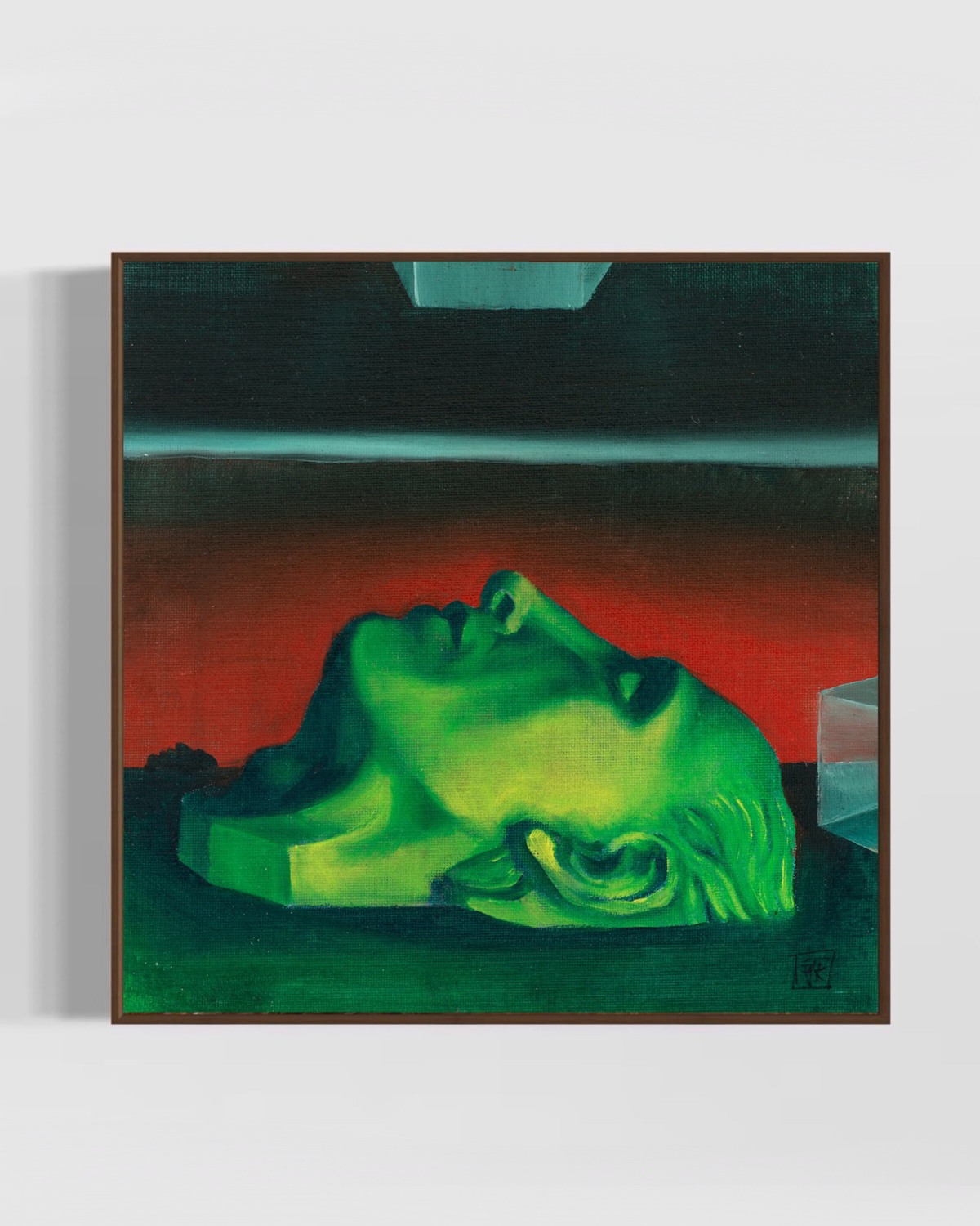 Framed original oil painting Bargue’s Dream, showing a green classical sculpture head against a red and green interior.