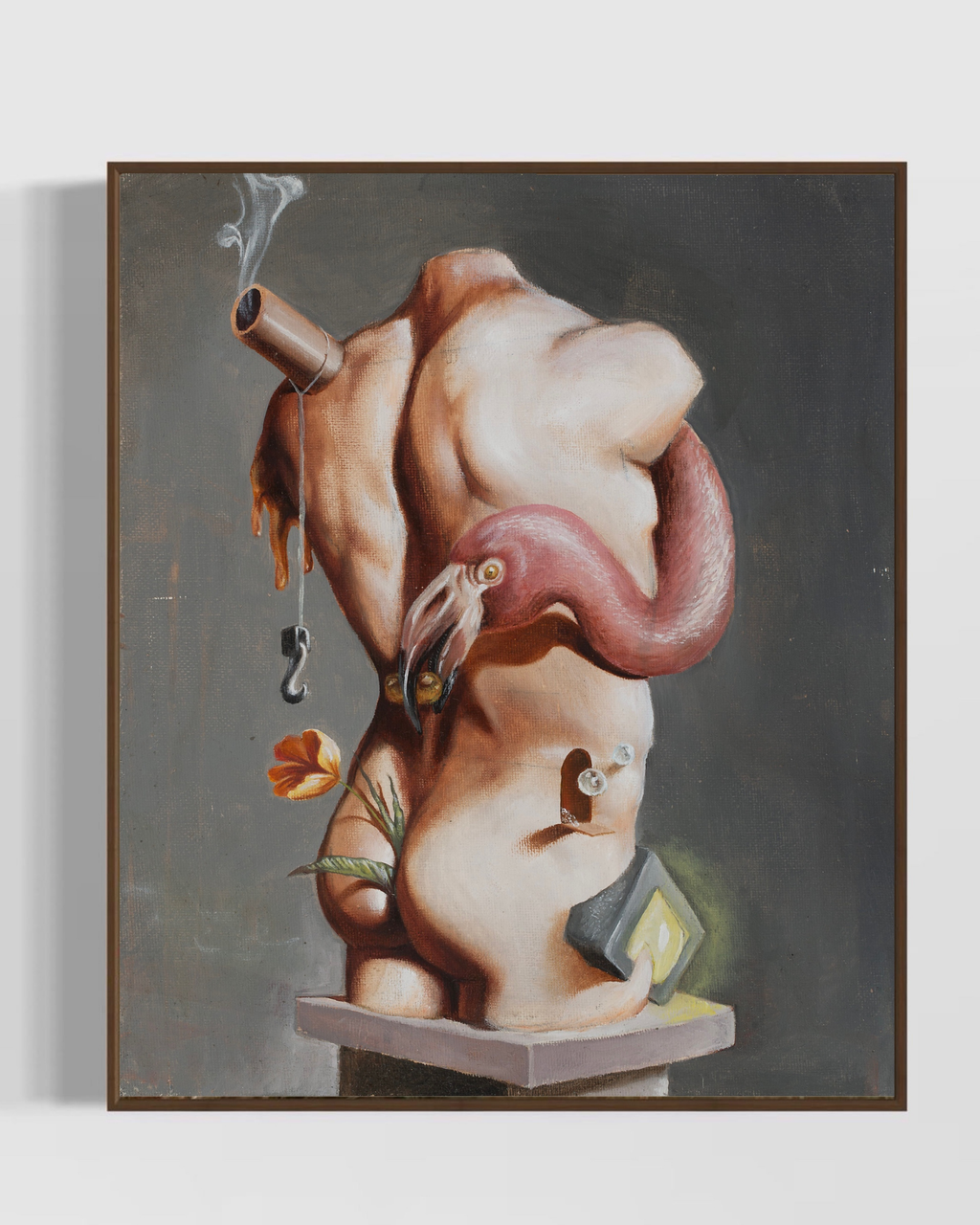 Body Scape #2 framed fine art print depicting a surreal headless torso with a bird-like neck, smoking pipe, hanging hook, flower and symbolic objects.