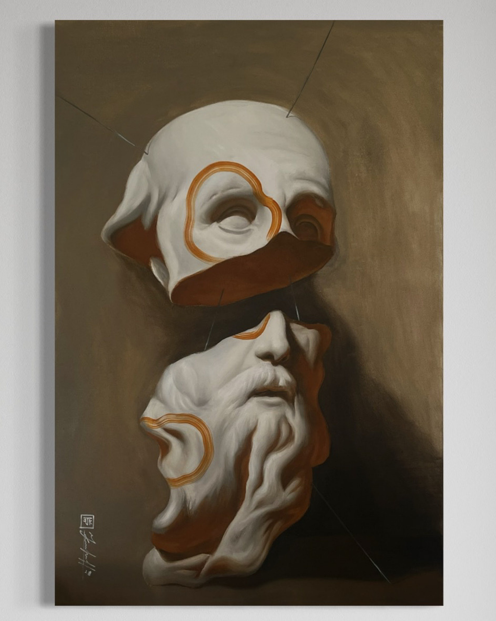 Deconstructed History fine art print showing a fragmented classical bust against a textured brown background.