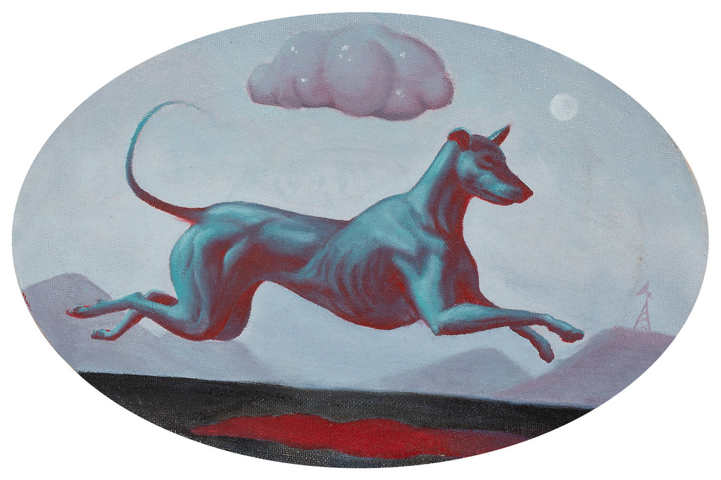 Oval artwork of a blue-toned dog reclining in a surreal Mars-like landscape beneath a pink cloud.