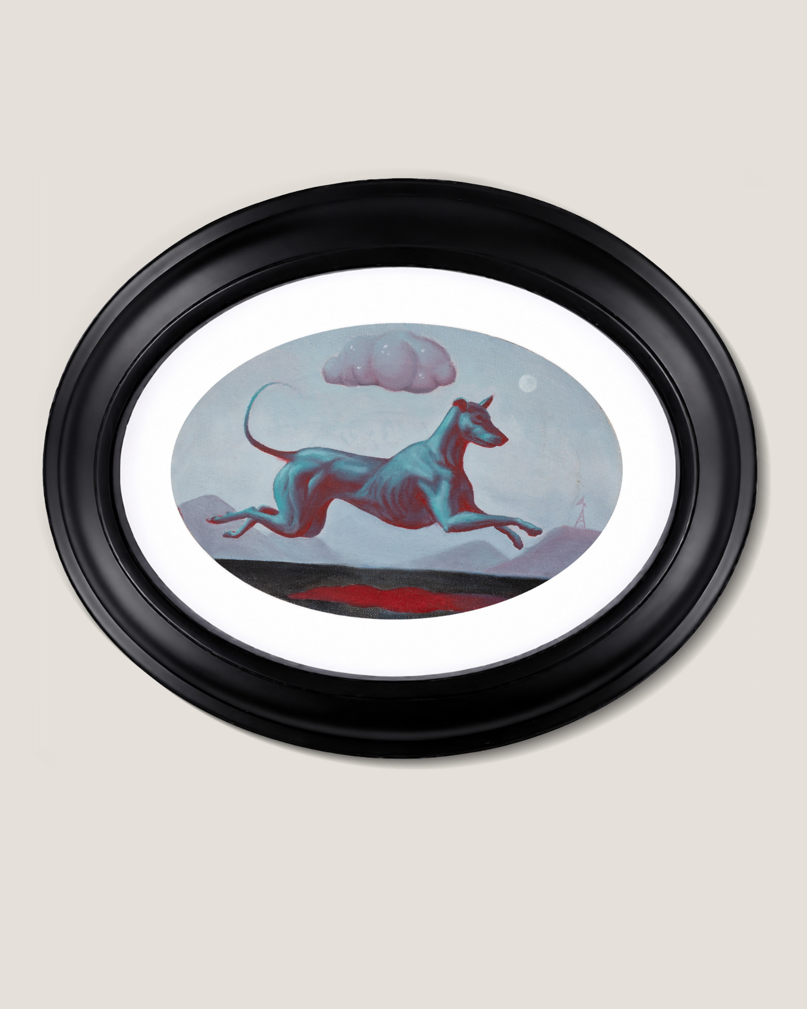 Oval artwork of a blue-toned dog reclining in a surreal Mars-like landscape beneath a pink cloud.