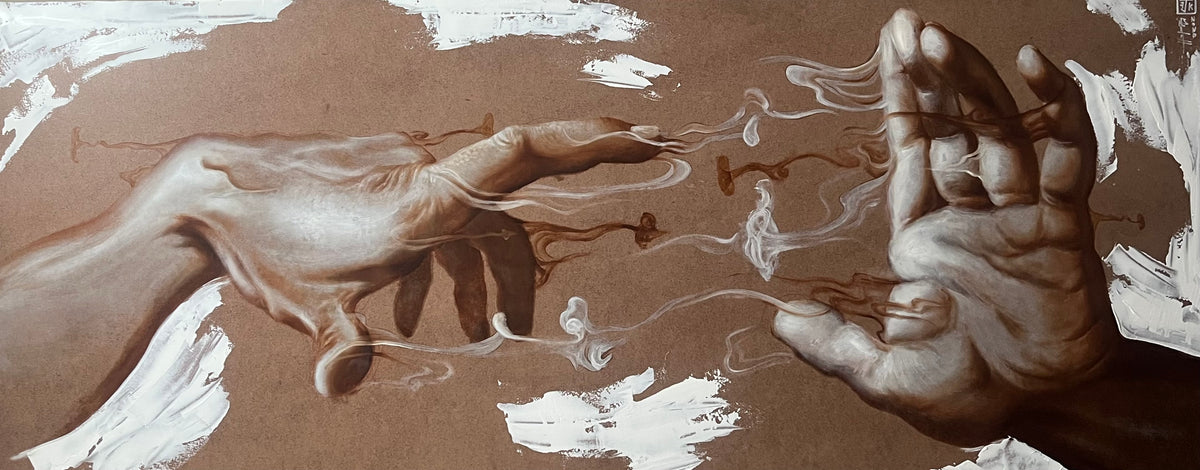 Full horizontal view of Exchange, featuring two reaching hands, drifting smoke and white brushstrokes on a brown background.