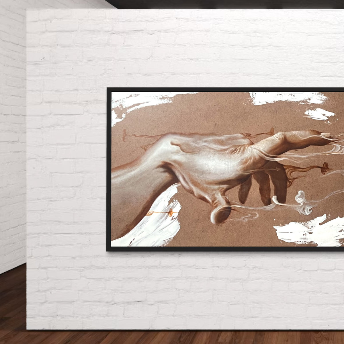 Left side of Exchange displayed in a black frame on a white brick gallery wall.