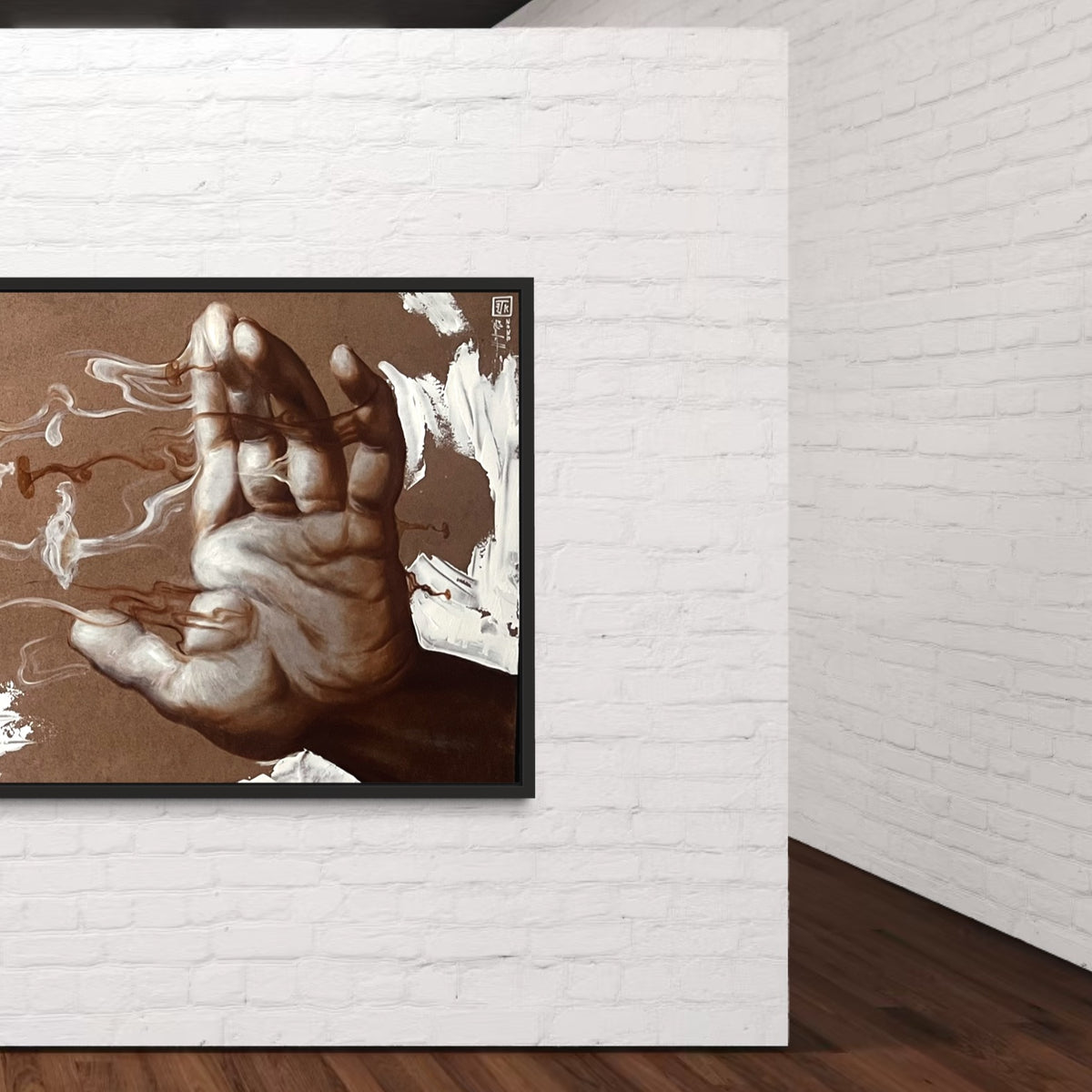Right side of Exchange displayed in a black frame on a white brick gallery wall.