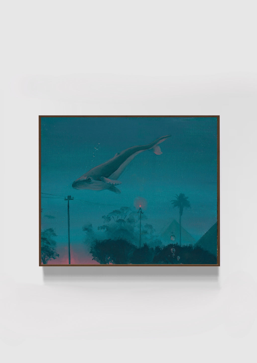 Groot Vis artwork with a floating whale, streetlights, trees and a submerged landscape in deep teal tones.