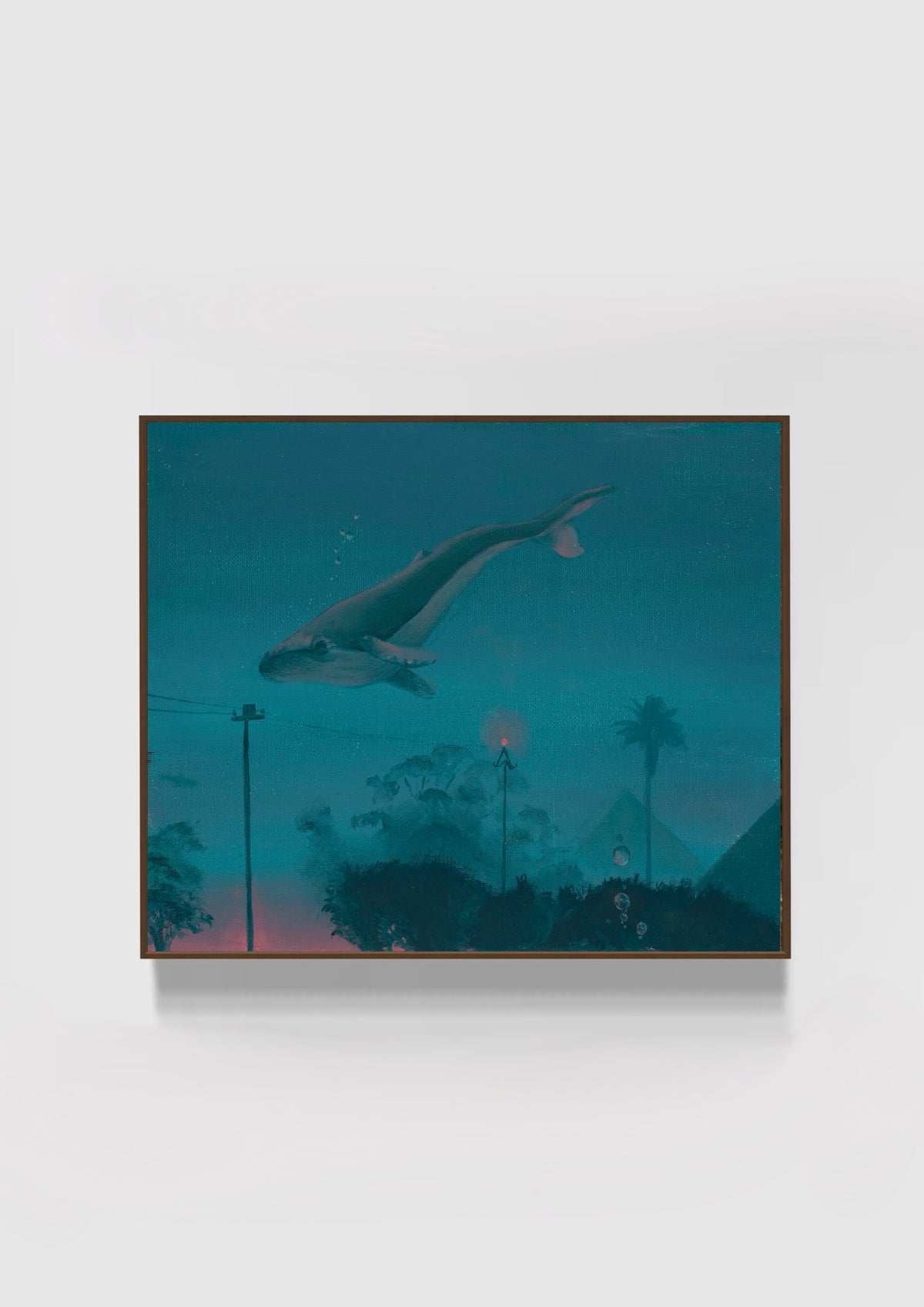 Groot Vis artwork with a floating whale, streetlights, trees and a submerged landscape in deep teal tones.