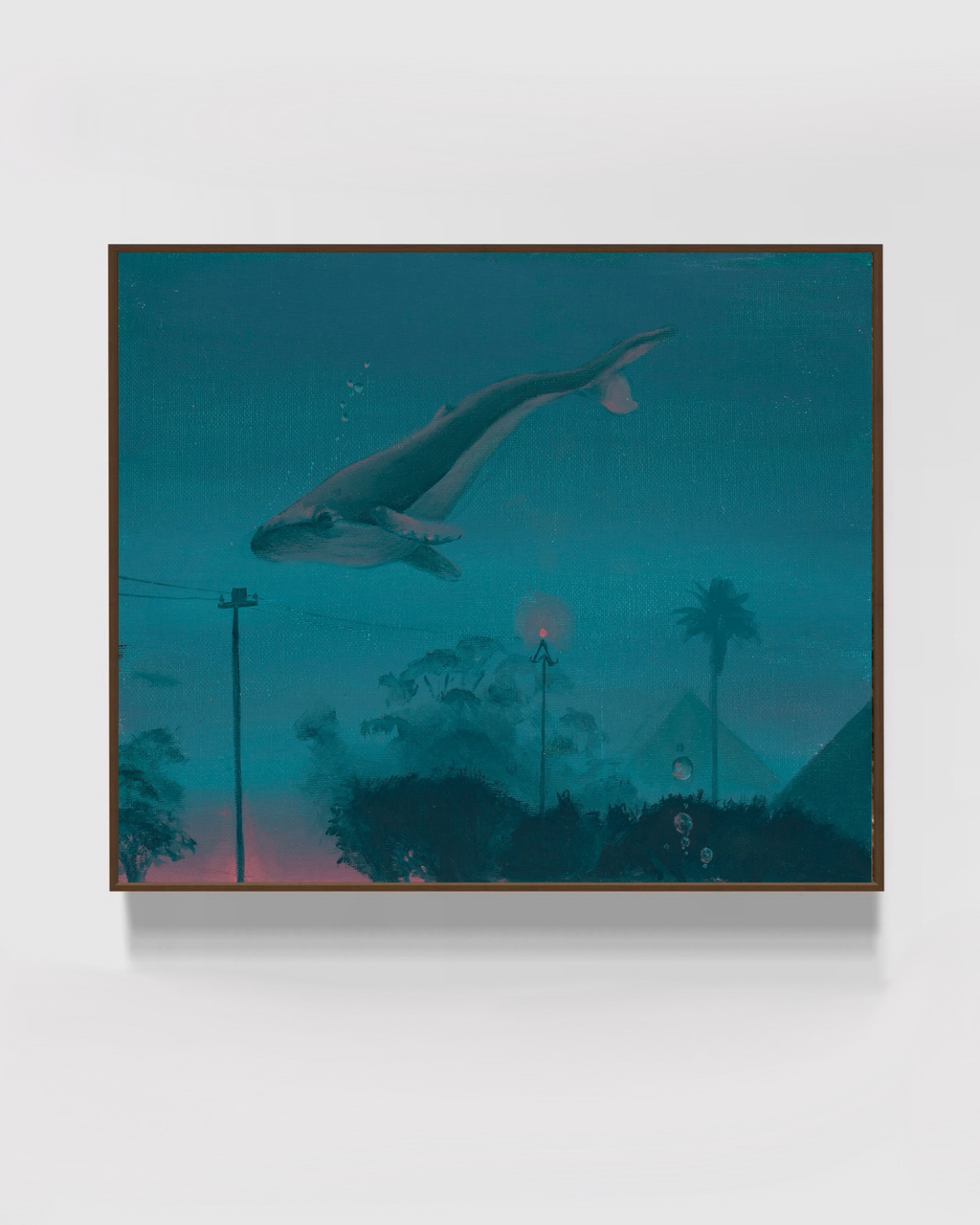 Framed original painting Groot Vis, showing a whale floating above a submerged suburban landscape.