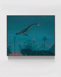 Framed original painting Groot Vis, showing a whale floating above a submerged suburban landscape.