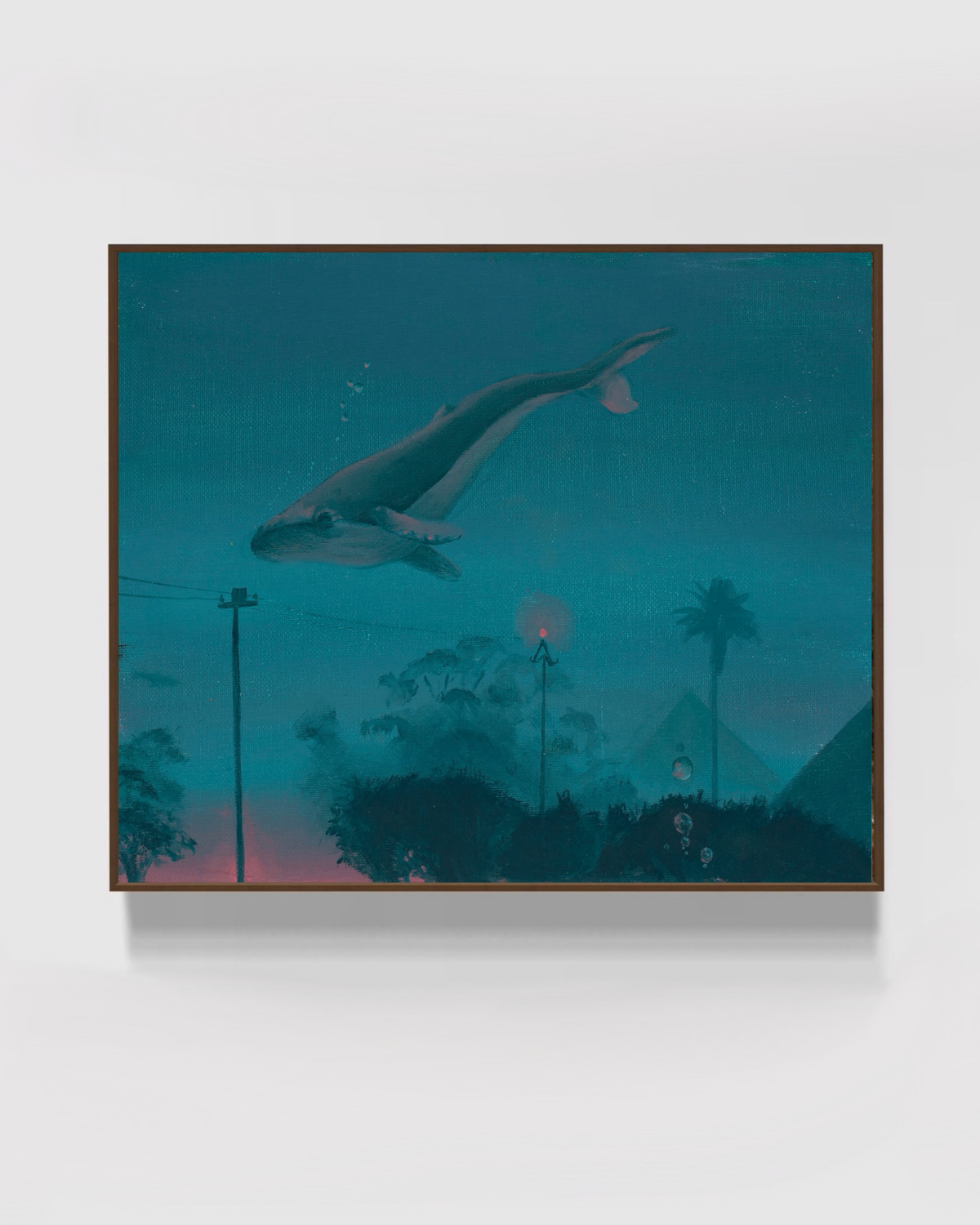 Framed original painting Groot Vis, showing a whale floating above a submerged suburban landscape.