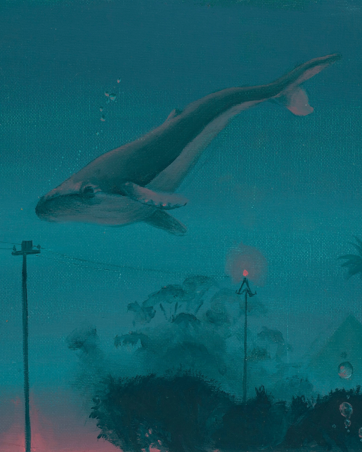 Groot Vis fine art print showing a whale floating above a submerged suburban landscape.