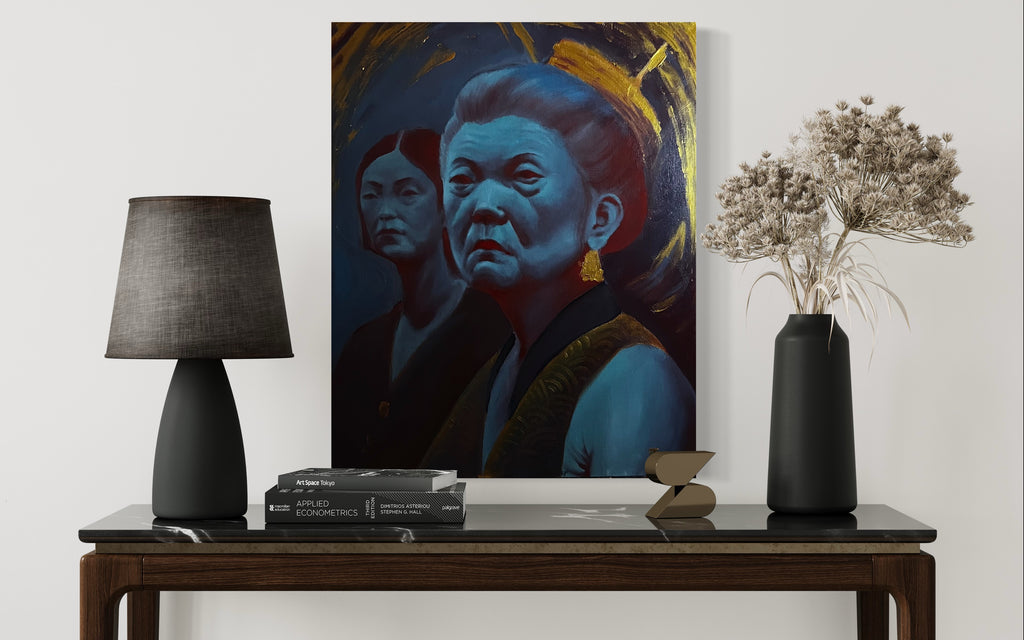 Hereditary original painting displayed above a console table, featuring two blue-toned female portraits with gold accents.