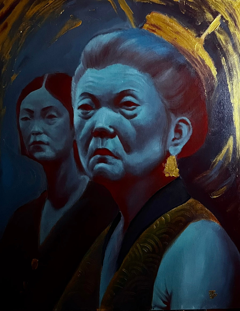 Full view of Hereditary, portraying two generations through layered blue-toned female figures and expressive gold brushwork.