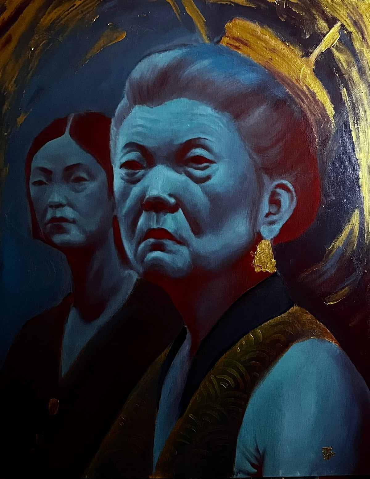 Full view of Hereditary, portraying two generations through layered blue-toned female figures and expressive gold brushwork.
