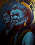 Hereditary figurative artwork portraying two generations through blue-toned faces and expressive portraiture.