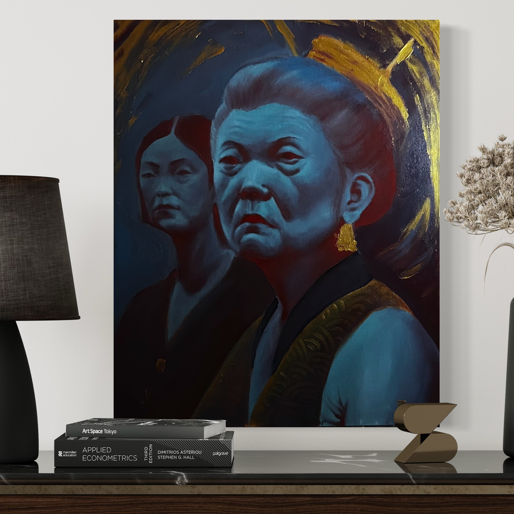 A vertical canvas art print featuring a stylized portrait painting of two women, displayed on a dark shelf in a modern room setting with a lamp, books, and decorative objects.