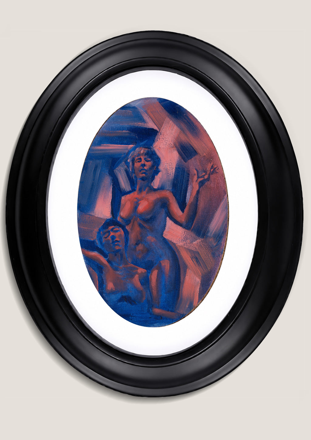 Figurative artwork of two lovers surrounded by expressive blue, red and pink brushwork.