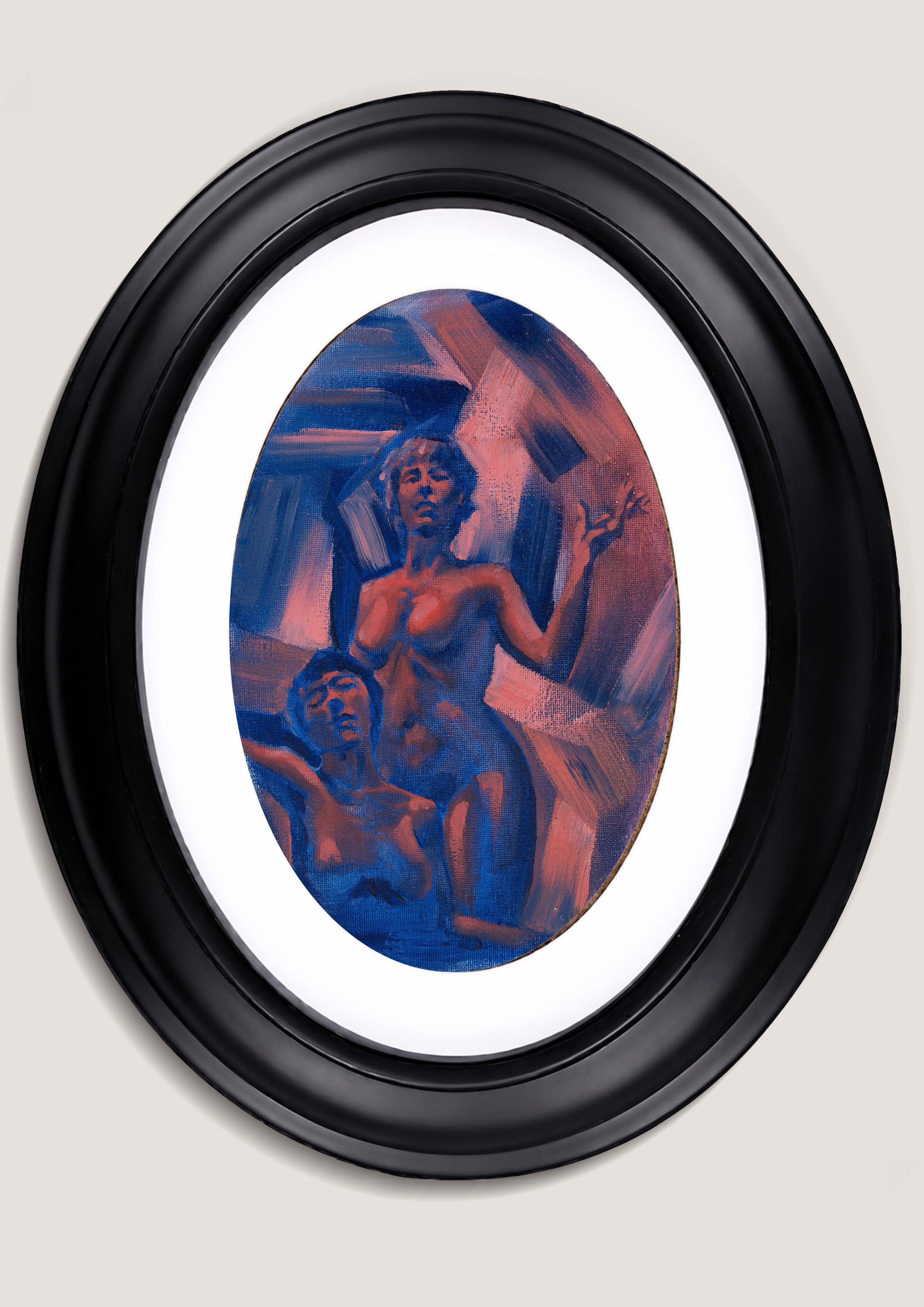 Figurative artwork of two lovers surrounded by expressive blue, red and pink brushwork.