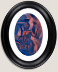 Lesbian Lovers original oval painting displayed in a black frame, featuring two nude figures in blue, red and pink.
