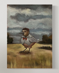 Original oil painting Tink Tinkie, depicting a small bird with a human-like face and red bow tie in a cloudy landscape.