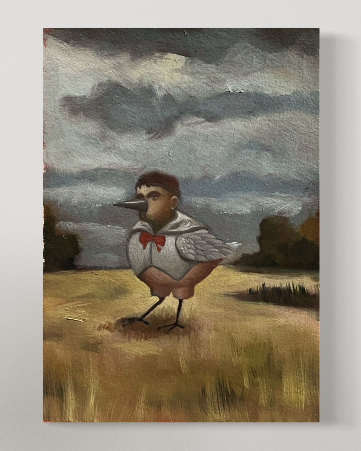 Original oil painting Tink Tinkie, depicting a small bird with a human-like face and red bow tie in a cloudy landscape.