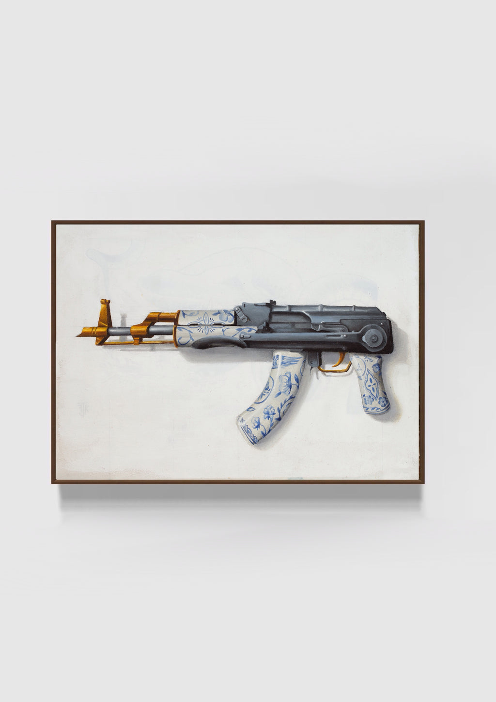 Full view of The War of Art by Joseph Fouad Kitshoff, depicting an ornamental rifle against a pale background.
