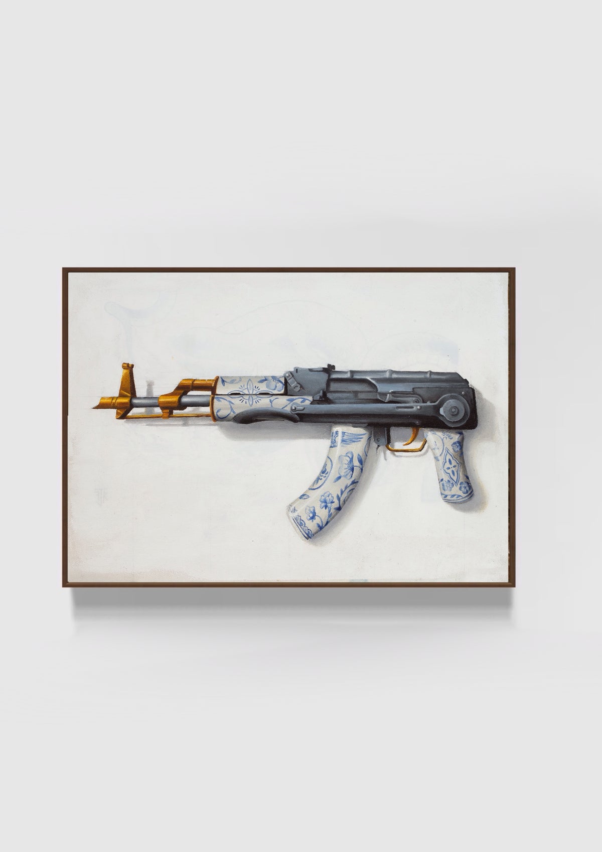 Full view of The War of Art by Joseph Fouad Kitshoff, depicting an ornamental rifle against a pale background.