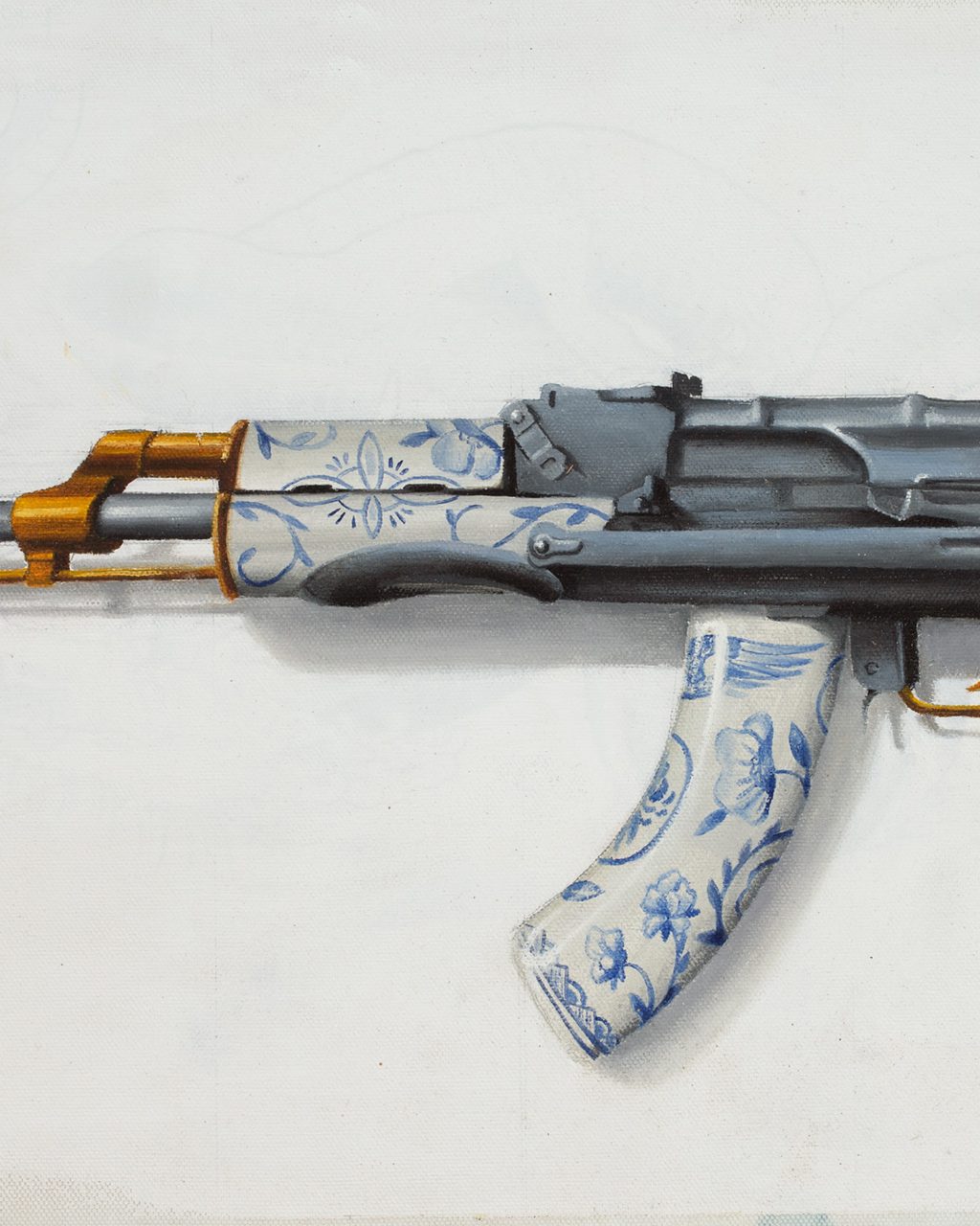 The War of Art fine art print featuring a rifle decorated with blue-and-white porcelain patterns and gold details.