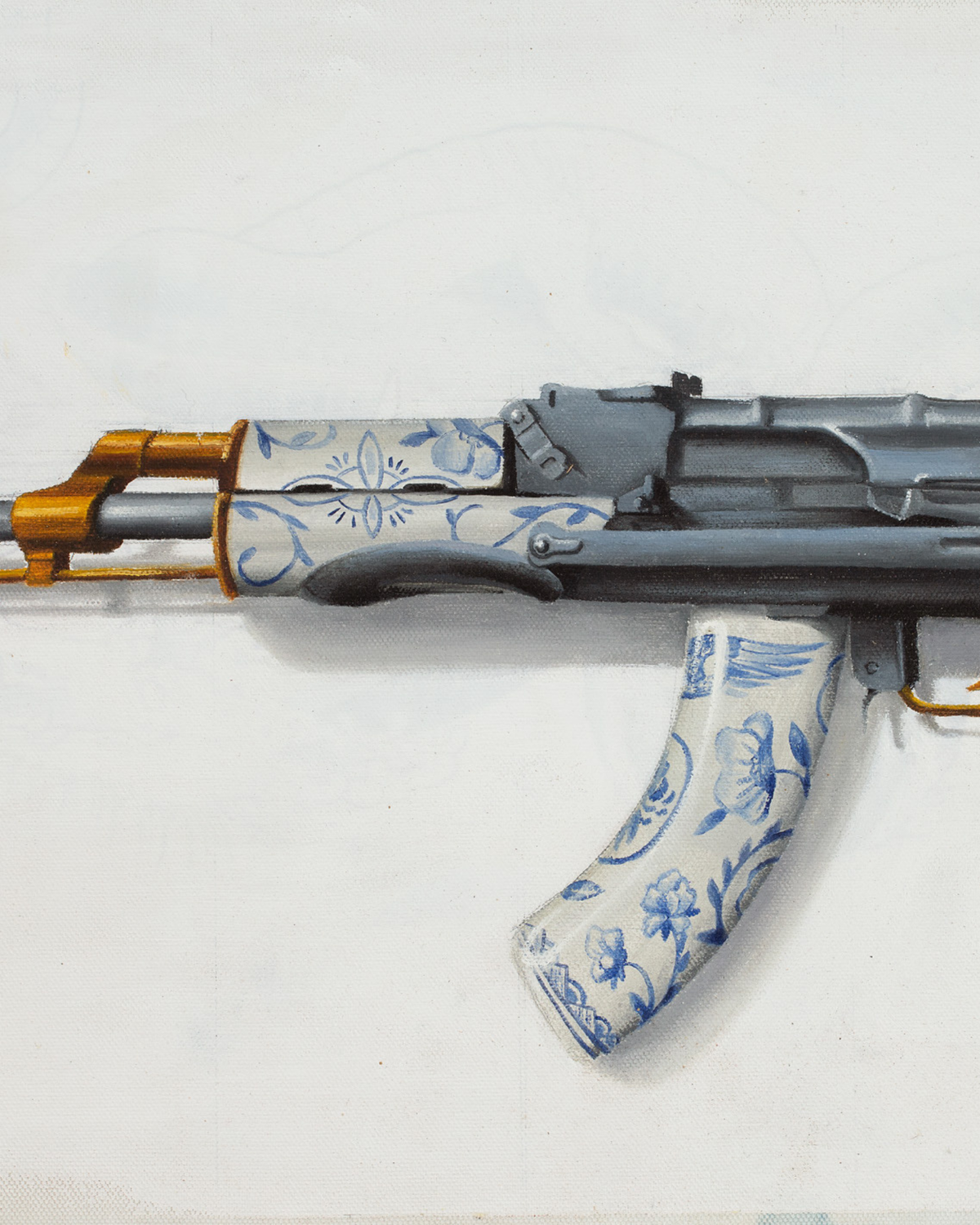 The War of Art fine art print featuring a rifle decorated with blue-and-white porcelain patterns and gold details.